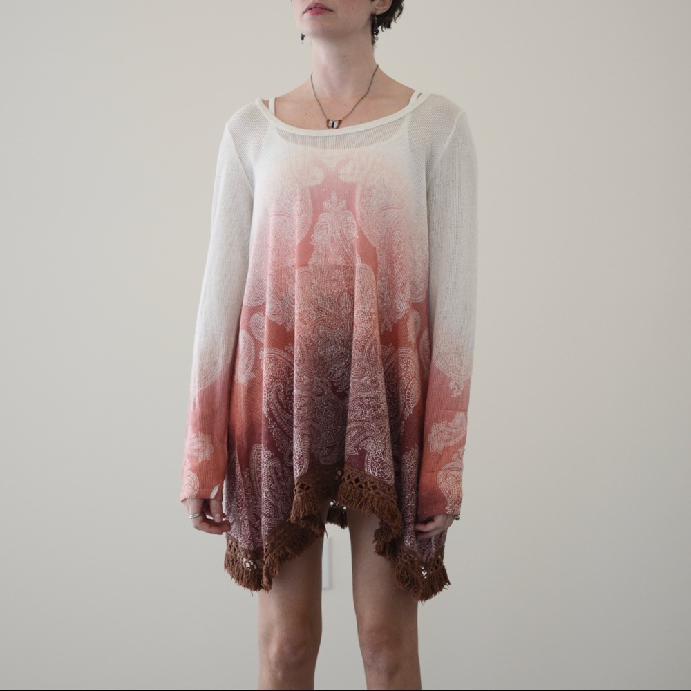 Altar’d State Top Bandana Flowy Long Sleeve Gradient Fringe Trim Asymmetrical S